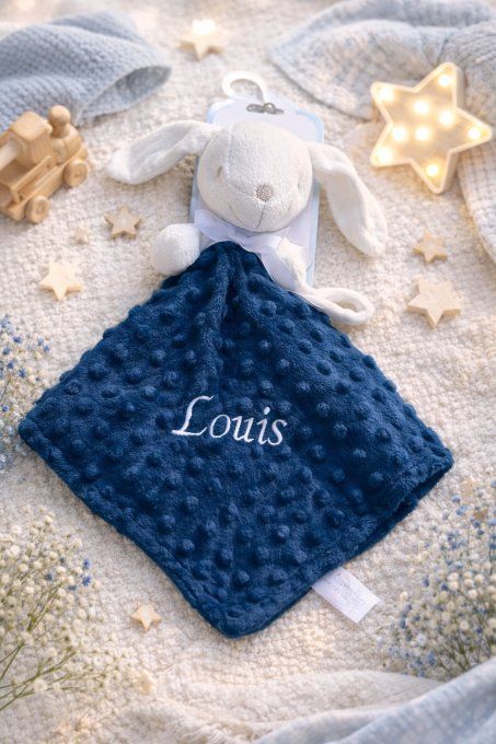 Doudou lapin bleu marine minky