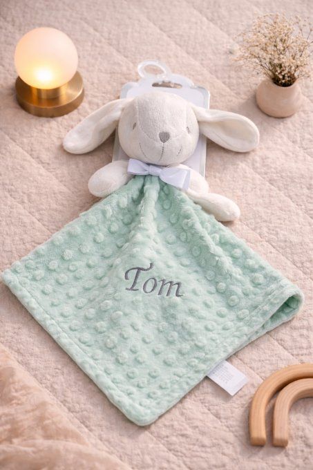 Doudou lapin vert d'eau minky 