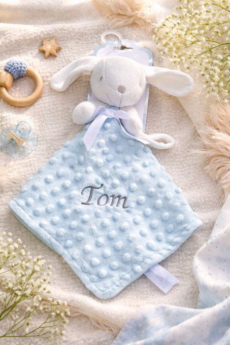 Doudou lapin bleu ciel minky 