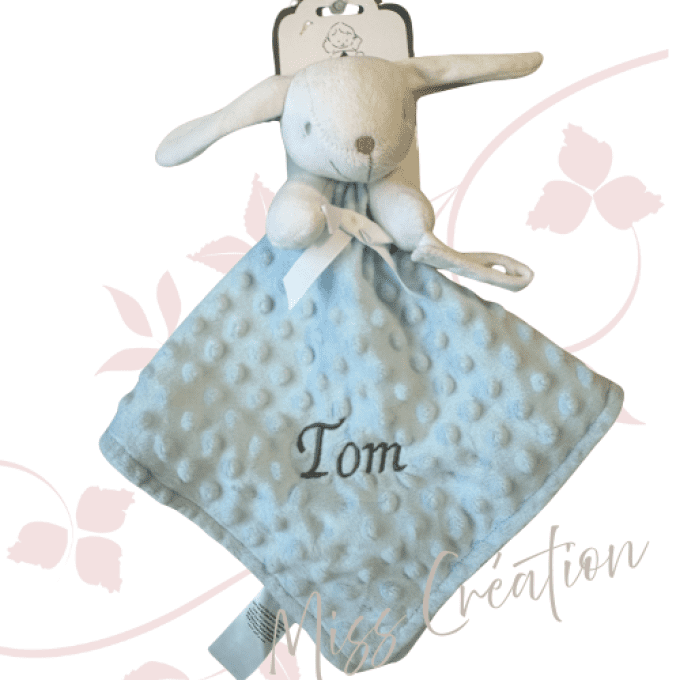 Doudou lapin bleu ciel minky 